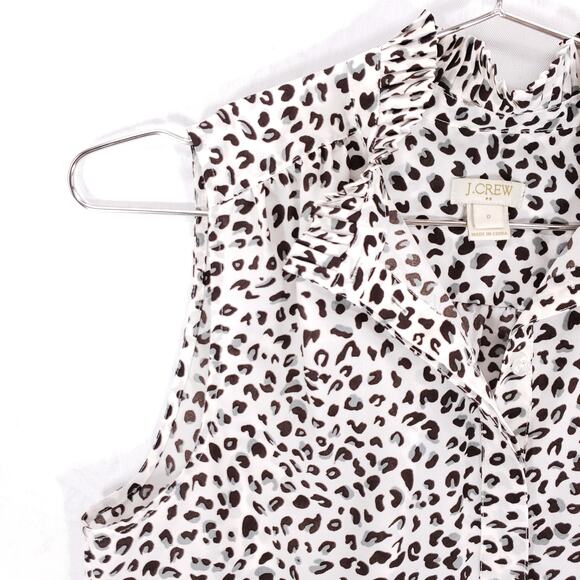 J Crew Blouse Womens 0 Black White Gray Leopard Print Sleeveless Ruffle Neck Top - Picture 3 of 6